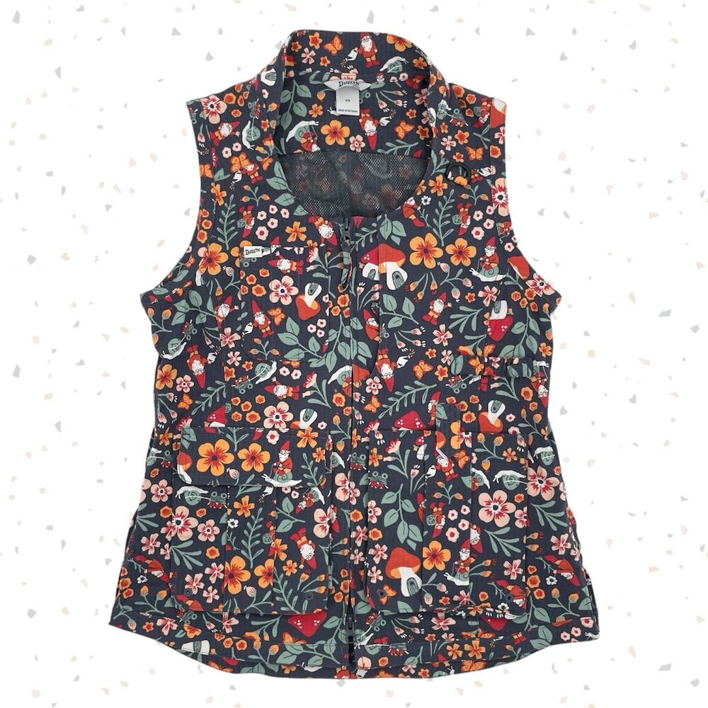 Duluth Trading Heirloom Gardening Vest Gnomes Snails Mushroom Floral Utility XS